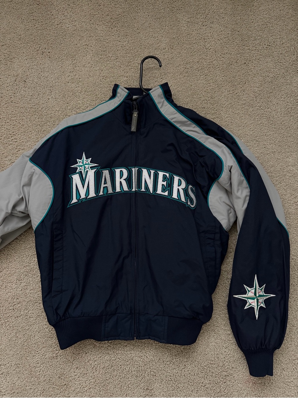 Vintage Majestic Mariners Navy and Gray Bomber Jacket